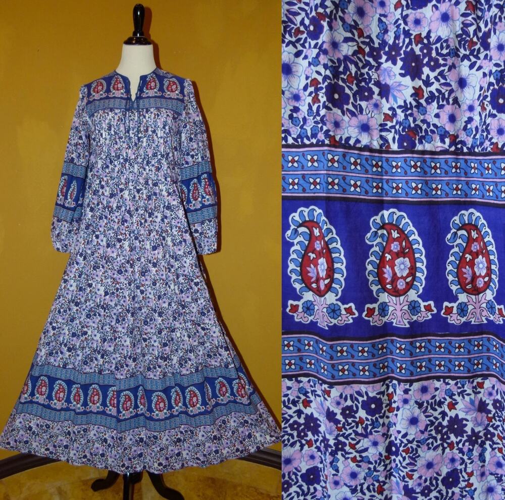 VINTAGE 70’s HIPPIE BLOCK PRINT INDIAN COTTON FESTIVAL BOHO MAXIDRESS